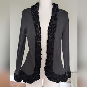 Laura Women’s Velvet Trim Cardigan Black Open Front Dressy Ruffle Knit Size M
